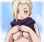  areola_slip areolae asymmetrical_bangs bangs bare_arms blonde_hair blue_background blue_eyes blush border breast_suppress breasts closed_mouth covering covering_breasts earrings hair_bun hair_over_one_eye half-closed_eyes hands_up jewelry light_smile medium_breasts naruto naruto_(series) ninja nipples no_bra no_pupils oreshika outside_border purple_shirt shirt shirt_lift short_hair simple_background sleeveless sleeveless_shirt solo turtleneck upper_body white_border yamanaka_ino 