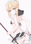  1girl ? adjusting_clothes apron artoria_pendragon_(all) artoria_pendragon_(swimsuit_rider_alter) ass bare_arms bare_back bare_shoulders bikini black_bikini black_skirt blonde_hair blush breasts butt_crack closed_mouth commentary_request cowboy_shot erect_nipples fate/grand_order fate_(series) frilled_apron frilled_skirt frills from_behind grey_background hair_bun highres holding kamu_(geeenius) leg_garter lifted_by_self looking_at_viewer looking_back maid_bikini maid_headdress medium_breasts short_hair shoulder_blades sideboob sidelocks simple_background skirt skirt_lift solo string_bikini swimsuit upskirt waist_apron white_apron yellow_eyes 