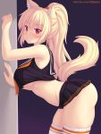  1girl animal_ear_fluff animal_ears ass bangs blonde_hair blush breasts cat_ears cat_tail eyebrows_visible_through_hair highres large_breasts long_hair looking_at_viewer nottytiffy original red_eyes slit_pupils smile solo tail thighhighs tiffy_(nottytiffy) watermark web_address 