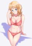  1girl arm_support blonde_hair blush bow bow_bra bow_panties bra breasts cleavage head_tilt highres large_breasts looking_at_viewer navel panties pink_bra pink_panties pokemon pokemon_(anime) pokemon_xy_(anime) r2pi serena_(pokemon) short_hair smile solo thigh_gap thighs underwear white_background 
