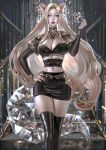  1girl abigail_diaz ahri animal_ears black_legwear blue_eyes breasts cleavage fox_ears hand_on_hip kitsune league_of_legends long_hair pleated_skirt shiny shiny_clothes shiny_hair shiny_skin skirt solo tail the_baddest_ahri thighhighs very_long_hair 