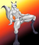  abs animal_genitalia anthro balls biceps blue_eyes canid canine canis claws digitigrade dipped_ears dipped_tail fur genitals hi_res leaning leaning_back male mammal muscular muscular_anthro muscular_male nude pecs relaxing sheath simple_background solo spread_legs spreading that_darn_jackal white_body white_fur wolf 
