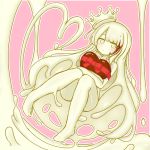  1girl barefoot blonde_hair blush border bow box chocolate closed_mouth crown dutch_angle heart heart-shaped_box holding kixyuresu knees_together_feet_apart long_hair looking_at_viewer monster_girl nude original outline pink_background red_bow simple_background slime_girl solo valentine very_long_hair white_border white_outline yellow_eyes yellow_sclera yellow_skin yellow_slime 