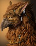  2020 ambiguous_gender avian beads beak braided_hair brown_body brown_fur collar danero digital_media_(artwork) ear_piercing ear_ring feral fur gryphon hair hi_res jewelry mane mythological_avian mythology piercing portrait shaded solo white_body white_fur yellow_eyes 