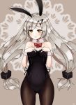  1girl absurdres animal_ears black_legwear blush bow bowtie breasts bunny_ears cla_(finesoda) cowboy_shot embarrassed fake_animal_ears girls_frontline hair_ornament hairclip hands_on_own_chest highres long_hair mg4_(girls_frontline) pantyhose playboy_bunny silver_hair simple_background small_breasts solo thick_thighs thighs twintails very_long_hair yellow_eyes 