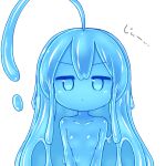 1girl ahoge blue_eyes blue_hair blue_sclera blue_skin breasts closed_mouth furrowed_eyebrows huge_ahoge kixyuresu long_hair looking_at_viewer monster_girl nude original pout simple_background slime_girl small_breasts solo upper_body white_background 