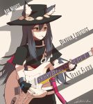  1girl album_cover animal_ears arknights black_hair cover cowboy_hat english_text fingerless_gloves food food_in_mouth gloves guitar hat highres instrument namesake parody pocky pun shinkuro_sanagi solo stevie_ray_vaughan strap_slip texas_(arknights) wolf_ears yellow_eyes 