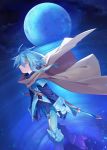 1other androgynous armor blue_eyes blue_hair blue_sky blue_theme breastplate brown_cape cape from_side full_moon gauntlets highres metal_boots moon original outdoors pants parted_lips pauldrons shichigatsu shoulder_armor sky solo suspenders walking walking_on_liquid white_pants 
