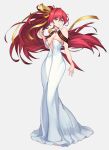  1girl bare_shoulders blue_eyes breasts character_request cleavage dmitriy_samarkin dress floating_hair full_body hair_between_eyes hair_ribbon hand_up houchi_shoujo long_hair looking_at_viewer medium_breasts parted_lips red_hair ribbon simple_background sleeveless sleeveless_dress solo standing strapless strapless_dress very_long_hair white_background white_dress yellow_ribbon 