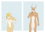  9x9 animal_genitalia anthro antlers balls big_balls breasts breasts_torture cervid cervine chest_hit comparison duo female genitals hair horn long_hair male mammal nude pain pussy sheath 