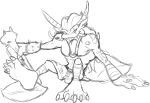  anthro belt black_and_white bottomwear clothing digimon digimon_(species) ear_piercing ear_ring humanoid male monochrome ogre ogremon open_mouth piercing pillow simple_background sitting sketch skirt solo staff teeth_showing thegreatmatsutzu tongue_showing white_background 