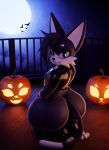  ambiguous_gender anthro big_butt blue_eyes butt domestic_cat felid feline felis halloween hi_res holidays mammal rubber runabo solo thick_thighs wide_hips 