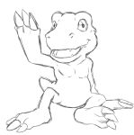  agumon ambiguous_gender anthro big_eyes black_and_white digimon digimon_(species) dinosaur monochrome open_mouth reptile scalie simple_background sitting sketch solo teeth_showing thegreatmatsutzu tongue_showing white_background 