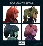  4girls album_cover album_cover_redraw animal_ears arknights black_steel_logo blacksteel_worldwide_(arknights) cat_ears cover demon_days_(gorillaz) demon_horns dragon_horns franka_(arknights) gorillaz headphones highres horns jessica_(arknights) liskarm_(arknights) logo multiple_girls parody pointy_ears ponytail shinkuro_sanagi vanilla_(arknights) 