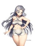  1girl bare_shoulders bikini blue_eyes breasts cowboy_shot dmitriy_samarkin grey_bikini grey_hair hand_on_hip highres large_breasts long_hair looking_at_viewer melony_(pokemon) midriff navel pokemon pokemon_(game) pokemon_swsh skindentation solo swimsuit twitter_username very_long_hair 