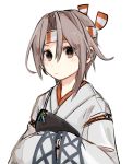  1girl alternate_hair_length alternate_hairstyle commentary_request grey_hair hachimaki headband hinata_hibari japanese_clothes kantai_collection looking_at_viewer muneate short_hair simple_background solo upper_body white_background wide_sleeves zuihou_(kantai_collection) 