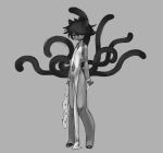  1boy animal_ears cat_ears cat_tail closed_mouth dark_skin fish full_body grey_background greyscale highres holding looking_at_viewer monochrome multiple_tails original shima_(wansyon144) shoes simple_background slit_pupils solo tail 
