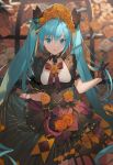  1girl alternate_costume aqua_eyes aqua_hair black_gloves black_ribbon blurry depth_of_field dress dress_lift flower gloves hatsune_miku heiwa_(murasiho) highres long_hair looking_at_viewer neck_ribbon orange_flower orange_rose ribbon rose solo twintails vocaloid 