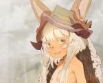  1other ambiguous_gender animal_ears bangs bunny_ears ears_through_headwear fang fur furry grey_background helmet highres hiranko horizontal_pupils long_hair made_in_abyss nanachi_(made_in_abyss) open_mouth sidelocks simple_background solo upper_body whiskers white_hair 