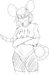  anthro black_and_white bottomwear clothing eyewear female flower glasses goolahan hair hi_res mammal monochrome mouse murid murine plant rodent short_hair shorts sketch solo tagme text violette_renfield 