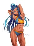  1girl abs alternate_costume armpits arms_up bikini blue_eyeshadow blue_hair breasts dark_skin dmitriy_samarkin ear_piercing eyeshadow highres long_hair makeup medium_breasts multicolored_hair muscle muscular_female nessa_(pokemon) parted_lips piercing pokemon pokemon_(game) pokemon_swsh simple_background smile solo swimsuit twitter_username two-tone_hair very_long_hair white_background 