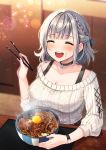  1girl :d ^_^ bangs black_bra black_choker blunt_bangs bow bowl bra bra_strap braid breasts choker chopsticks closed_eyes collarbone cross-laced_clothes eyebrows_visible_through_hair food food_on_face food_request grey_hair hair_bow highres holding holding_chopsticks hololive kura_noi large_breasts lens_flare medium_hair open_mouth rice shirogane_noel smile snowflake_ornament solo sweater table underwear upper_teeth virtual_youtuber watch white_sweater wristwatch 