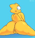  alphys anthro big_butt blush bodily_fluids buckteeth butt embarrassed english_text eyewear female flexible freckles genitals glasses hi_res lizard looking_at_viewer looking_back nervous nude panickingad pussy rear_view reptile scales scalie short_stack signature simple_background solo splits spread_legs spreading sweat teeth text thick_tail thick_thighs undertale video_games wide_hips yellow_body yellow_scales 