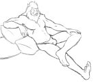  anthro asian_clothing barefoot beard black_and_white bulge clothed clothing east_asian_clothing facial_hair fundoshi iozen japanese_clothing male mammal monochrome muscular muscular_anthro muscular_male pillow simple_background sitting sketch solo suid suina sus_(pig) thegreatmatsutzu topless underwear white_background wild_boar 