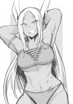  1girl animal_ears armlet armpits arms_behind_head arms_up bangs boku_no_hero_academia breasts bunny_ears commentary_request cowboy_shot dark_skin eyebrows_visible_through_hair greyscale grin highres long_hair looking_at_viewer mirko monochrome muscle muscular_female nstime23 parted_bangs smile solo standing very_long_hair 