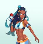  1girl aqua_background armlet black_hair blue_eyes blue_hair cowboy_shot dark_skin dmitriy_samarkin earrings gloves hair_ornament hairclip hoop_earrings jewelry long_hair looking_at_viewer multicolored_hair navel nessa_(pokemon) nintendo parted_lips poke_ball poke_ball_(basic) pokemon pokemon_(game) pokemon_swsh single_glove solo swimsuit tankini two-tone_hair 