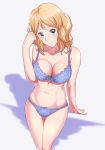  1girl arm_support blonde_hair blue_bra blue_panties blush bow bow_bra bow_panties bra breasts cleavage head_tilt highres large_breasts looking_at_viewer navel panties pokemon pokemon_(anime) pokemon_xy_(anime) r2pi serena_(pokemon) short_hair smile solo thigh_gap thighs underwear white_background 