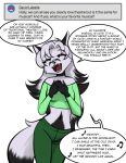  abluedeer anthro ask_blog bottomwear breasts canid canine clothed clothing crop_top english_text eyes_closed female fluffy fluffy_tail fox fur hair holly_(abluedeer) mammal midriff navel open_mouth pants shirt smile text topwear white_body white_fur white_hair 