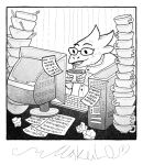  &lt;3 alphys anthro beverage bowl clothed clothing coat computer computer_tower crumpled_paper cup detailed_foreground english_text eyewear fangs female glasses holding_beverage holding_cup holding_object inside keyboard kitchen_utensils lab_coat lizard looking_at_computer looking_at_object makulo monitor monochrome open_mouth open_smile paper post-it_note reptile scales scalie signature smile solo text tools topwear undertale video_games 