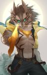  abs anthro birry41 canid canine canis clothed clothing fur green_eyes hi_res jackal male mammal muscular muscular_anthro muscular_male pecs seth_(tas) solo tokyo_afterschool_summoners video_games 