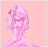  1girl closed_mouth food fruit hand_up holding kixyuresu long_hair monster_girl navel original outline pink_background pink_eyes pink_hair pink_sclera pink_skin pink_slime simple_background sitting slime_girl solo strawberry wariza white_broder white_outline 