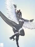  3:4 absurd_res angel anthro bedroom bunny_(delta.dynamics) claws clothing delta.dynamics digitigrade dinosaur dromaeosaurid feathered_wings feathers female head_feathers hi_res legwear lingerie muscular muscular_anthro muscular_female reptile scalie semiferal solo stockings theropod toes wings 