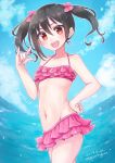  1girl :d \n/ bangs bikini bikini_skirt black_hair blue_sky bow cloud cloudy_sky commentary dated day droplet frilled_bikini frills hair_bow hand_on_hip highres looking_at_viewer love_live! love_live!_school_idol_project medium_hair miyamae_porin navel ocean open_mouth outdoors pink_bikini pink_bow red_eyes sky smile solo standing swimsuit twintails twitter_username yazawa_nico 