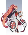  1girl baiken bow breasts cleavage dmitriy_samarkin eyepatch full_body guilty_gear holding katana large_breasts long_hair looking_at_viewer red_bow red_eyes red_hair rope sandals solo standing sword very_long_hair weapon 