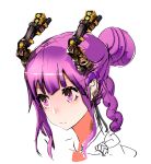  1girl braid character_request cyborg face hair_bun highres horns photoshop_(medium) purple_eyes purple_hair short_hair single_braid so-bin solo 