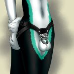  anthro balls black_body black_fur chastity_belt chastity_cage chastity_device claws countershading diesis_schmitt fur genitals green_highlights hands_behind_back harness highlights_(coloring) male sergal slim solo stockingfan torso_shot white_body white_fur 