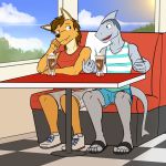  1:1 anthro beverage bottomwear canid canine canis clothed clothing coyote diner duo fish flip_flops footwear fully_clothed fuze hi_res ian_(fuze) male mammal marine mond_reyes sandals shark shirt shoes shorts sitting tank_top texnatsu topwear 