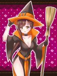  1girl alternate_costume black_gloves breasts broom brown_hair cleavage gakkou_gurashi! gloves halloween hat highres holding holding_broom large_breasts leaning_forward looking_at_viewer ma_tsukasa mole mole_under_eye smile solo wakasa_yuuri witch_costume witch_hat yellow_eyes 