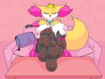  anthro barefoot big_breasts breasts claws clothing crown delphox diane_fireheart digit_ring feet female foot_focus frown furniture hi_res jewelry looking_at_viewer necklace nintendo nipples pillow pok&eacute;mon pok&eacute;mon_(species) ring simple_background sitting solo table tinydevilhorns toe_ring video_games 