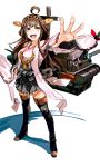  1girl ahoge boots brown_hair cannon detached_sleeves full_body grey_eyes hand_on_hip headgear highres kantai_collection kongou_(kantai_collection) long_hair mecha_musume outstretched_arm photoshop_(medium) pleated_skirt skirt so-bin solo thigh_boots thighhighs wide_sleeves zettai_ryouiki 