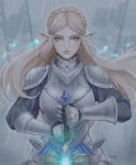  1girl armor belt blonde_hair braid flag french_braid green_eyes hair_ornament hairclip highres kumanz long_hair looking_at_viewer master_sword pointy_ears princess_zelda rain the_legend_of_zelda the_legend_of_zelda:_breath_of_the_wild triforce 