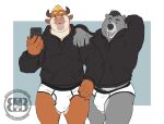  2020 5_fingers anthro asher_(bruteandbrawn) black_clothing black_hair black_hoodie black_nose black_topwear blonde_hair blue_eyes body_hair bovid bovine brown_body brown_eyes brown_fur bruteandbrawn bulge cattle chest_hair clothing digital_media_(artwork) duo fingers fur grey_body grey_fur grin hair hand_behind_head hand_on_shoulder holding_object holding_phone hoodie horn looking_at_viewer male mammal multicolored_body multicolored_fur musclegut open_mouth overweight overweight_anthro overweight_male phone pink_nose pubes simple_background smile standing tan_body tan_fur three-quarter_view topwear torben two_tone_body two_tone_fur underwear ursid watermark white_clothing white_underwear 