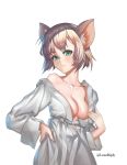  1girl animal_ears blonde_hair breasts chinese_zodiac cleavage dmitriy_samarkin green_eyes hand_on_hip highres long_sleeves looking_at_viewer medium_breasts mouse_ears mouse_girl off-shoulder_robe off_shoulder original personification short_hair simple_background smile solo upper_body white_background white_robe wide_sleeves year_of_the_rat 