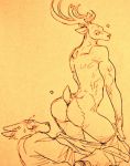  2020 anthro antlers beastars blush bodily_fluids butt canid canine canis cervid cervine clothed clothing duo facial_scar fur horn kneeling legoshi_(beastars) looking_back louis_(beastars) male male/male mammal monochrome red_deer scar seductive shirt sweat topless topwear traditional_media_(artwork) undressing wolf wuffinarts 