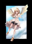  1girl angel angel_wings bike_shorts black_border black_shorts blonde_hair blue_eyes blue_sky border broken_halo cloud cloudy_sky crimvael dmitriy_samarkin dress feathered_wings halo highres index_finger_raised ishuzoku_reviewers long_hair sandals shorts sky sleeveless sleeveless_dress solo strapless strapless_dress white_dress wings 