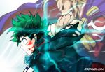  2boys absurdres all_might blonde_hair blood blood_on_face boku_no_hero_academia cape clenched_teeth facing_to_the_side freckles gradient_hair green_eyes green_hair green_jacket grin hand_on_another&#039;s_arm highres huge_filesize jacket lightning male_focus midoriya_izuku motion_blur multicolored_hair multiple_boys muscle remumeru short_hair simple_background smile superhero teeth upper_body 